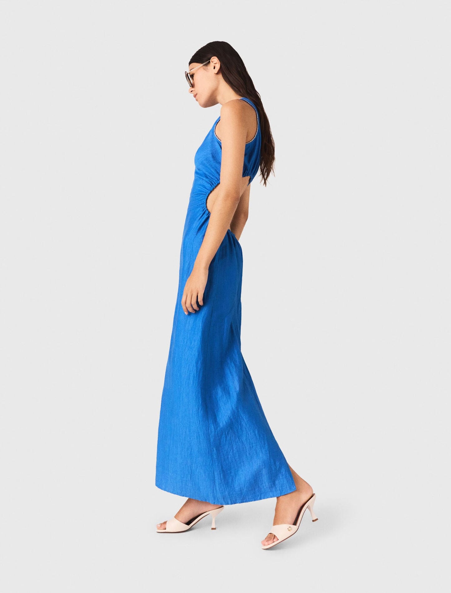 Backless Linen-Blend Midi Dress Blue