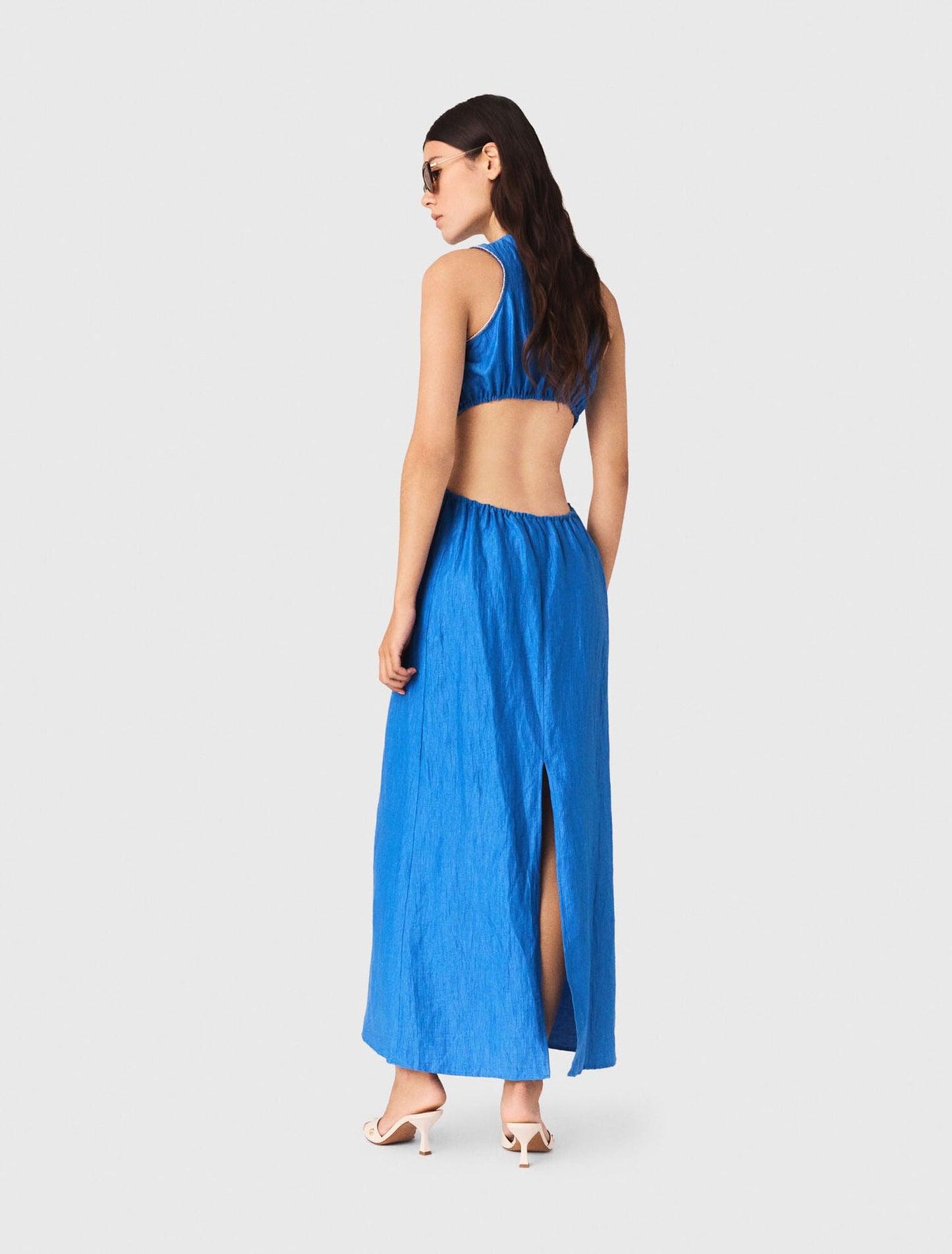 Backless Linen-Blend Midi Dress Blue