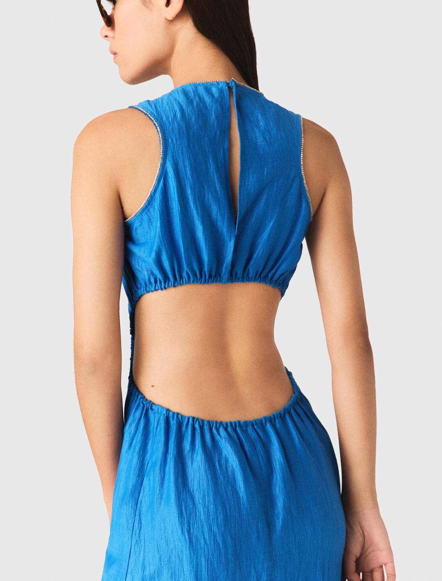 Backless Linen-Blend Midi Dress Blue