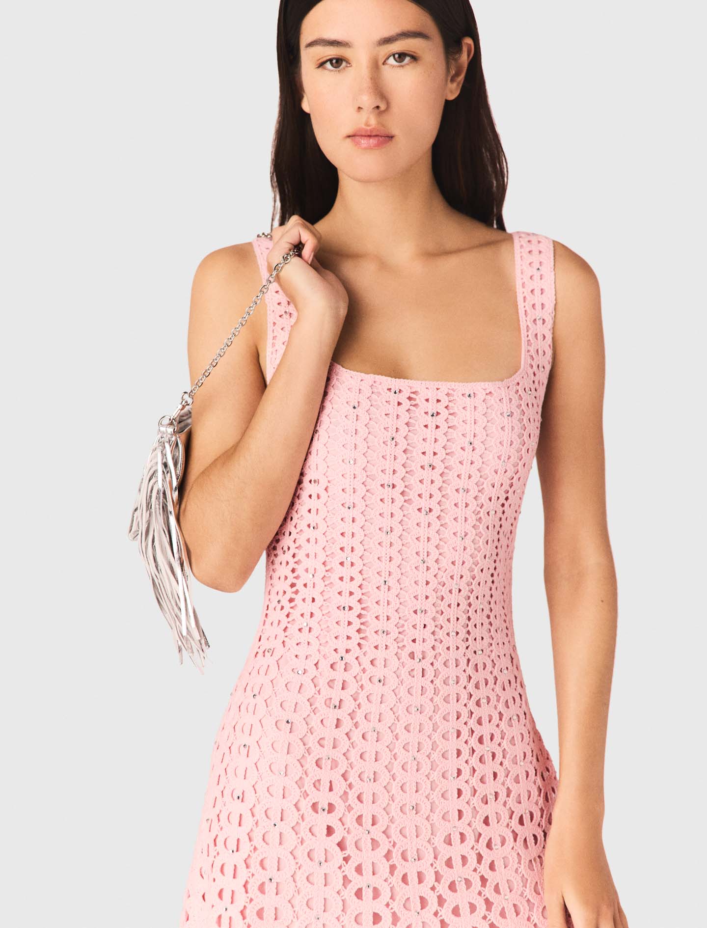 Rhinestone Crochet Midi Dress Pink