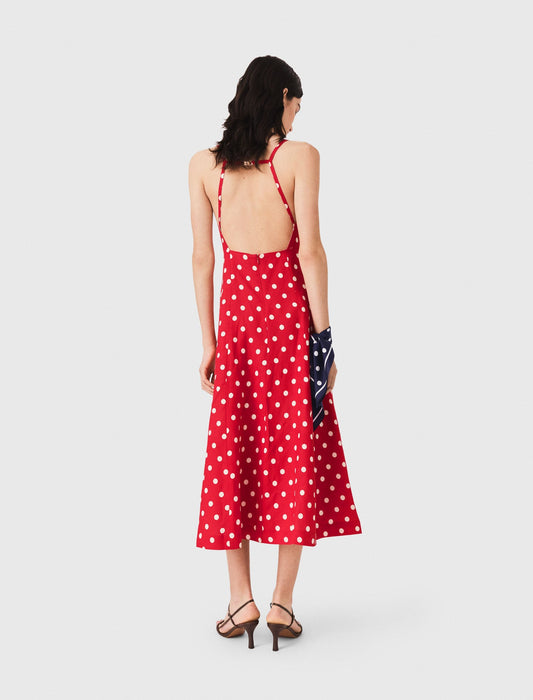 Backless linen-blend maxi dress Red Dots Print