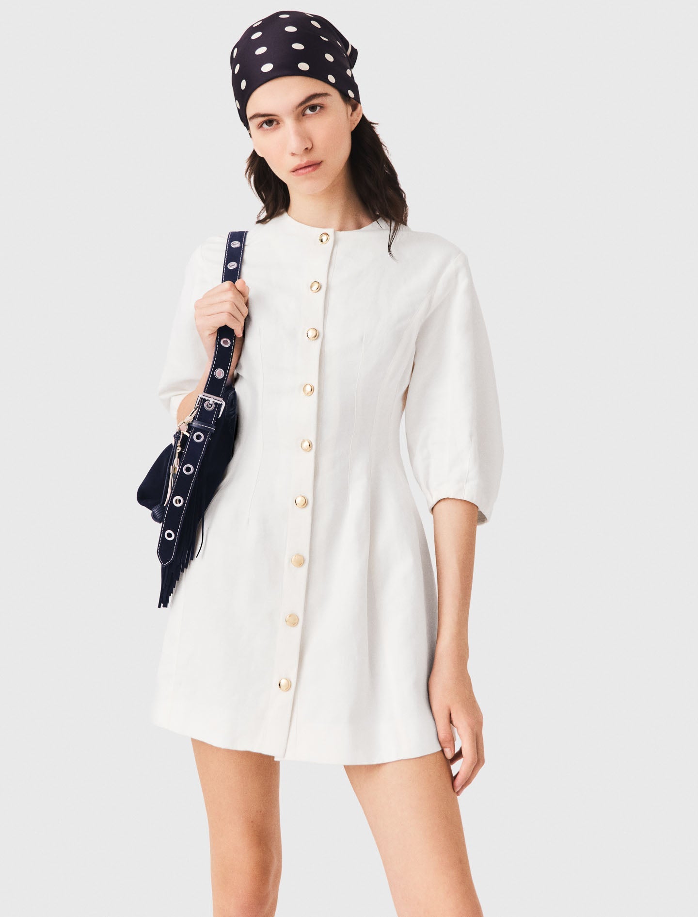 Short linen blend dress White