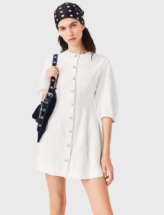 Short linen blend dress White