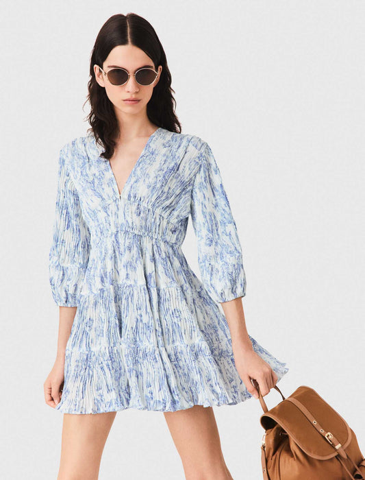 Patterned pleated dress Sky Blue Large Flowers Print