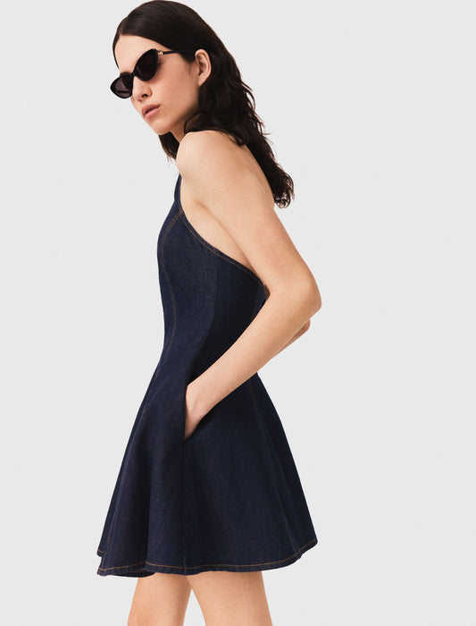 Short denim dress with brooch Navy