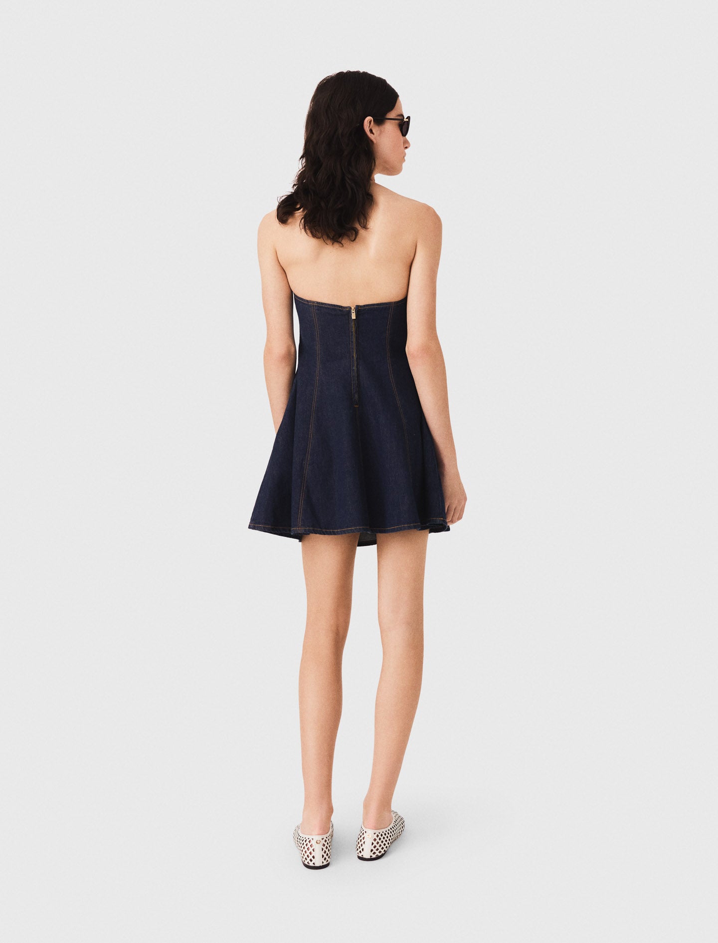 Short denim dress with brooch Navy