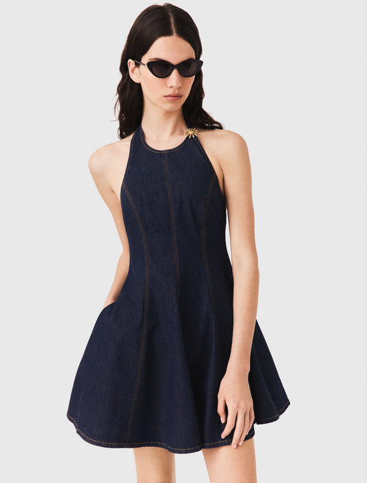 Short denim dress with brooch Navy