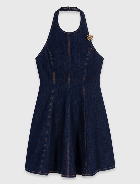 Short denim dress with brooch Navy