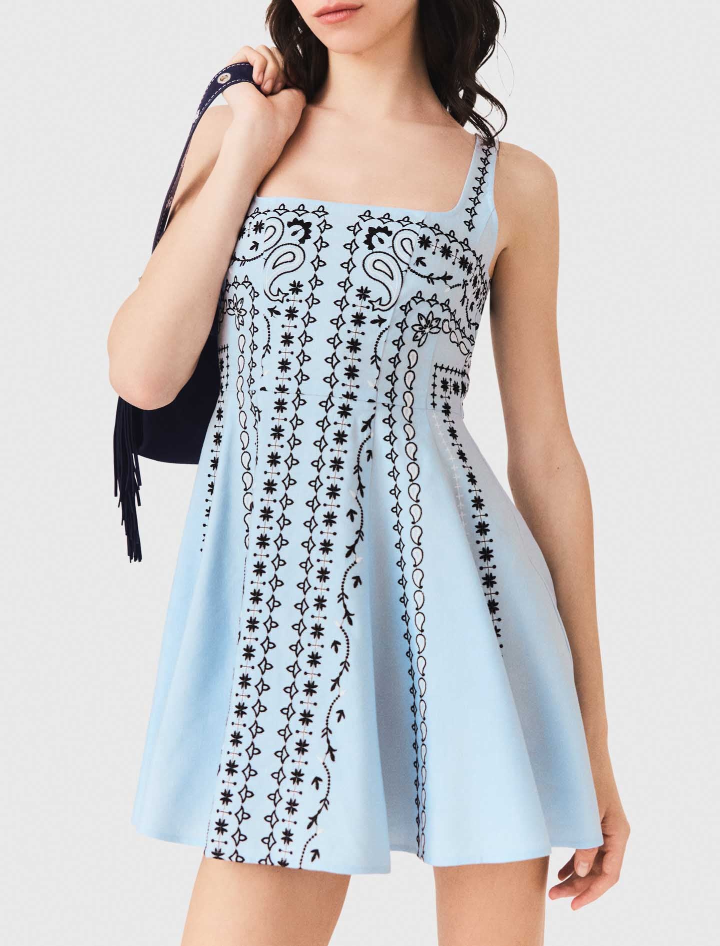 Short embroidered linen-blend dress Blue