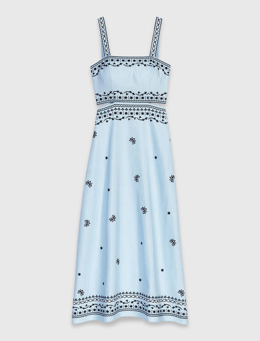 Embroidered linen blend maxi dress Blue Sky
