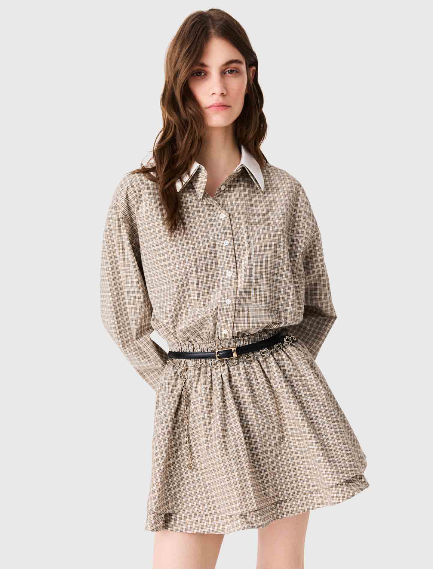 Short rhinestone checked dress Beige