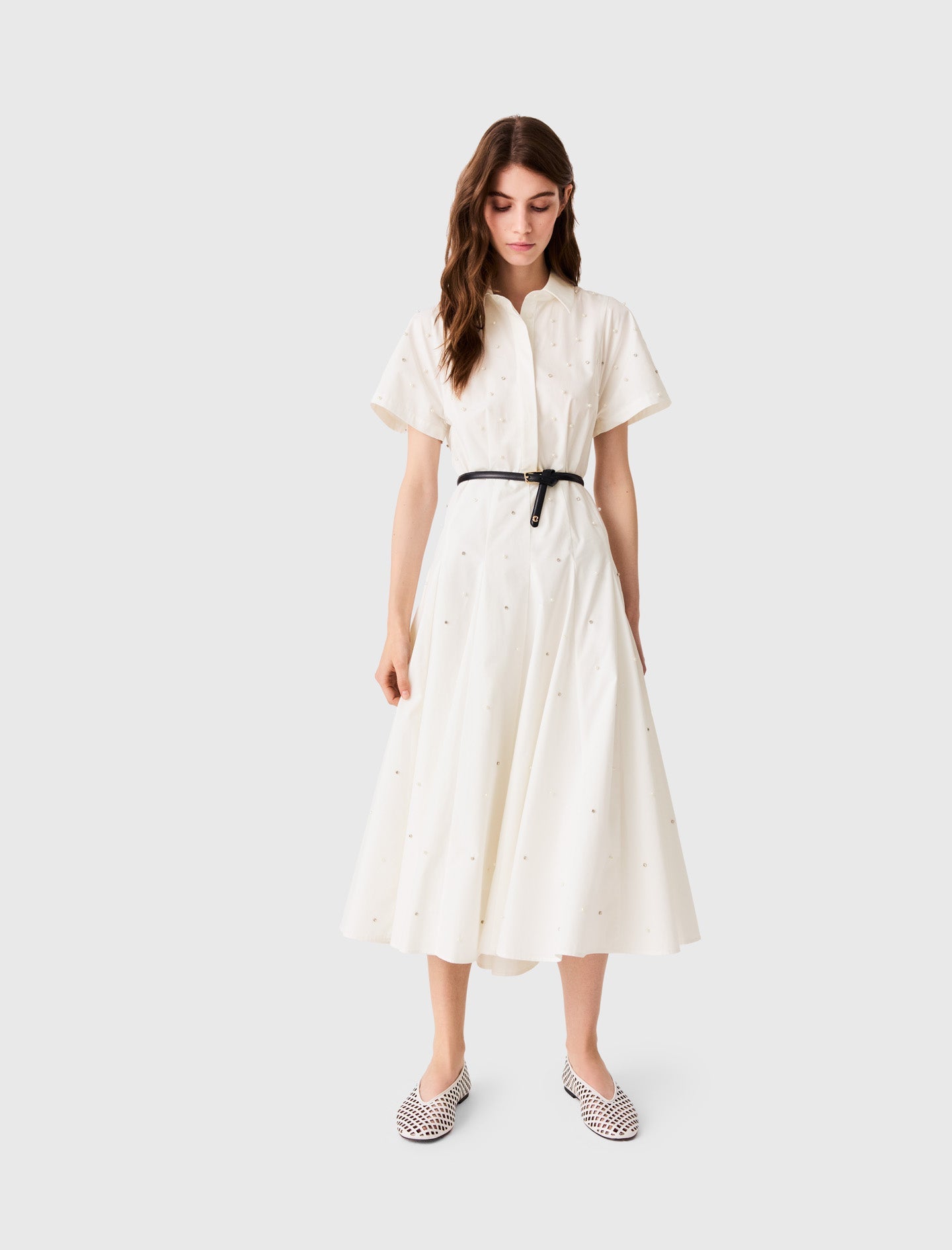 Beaded and rhinestone shirt dress White