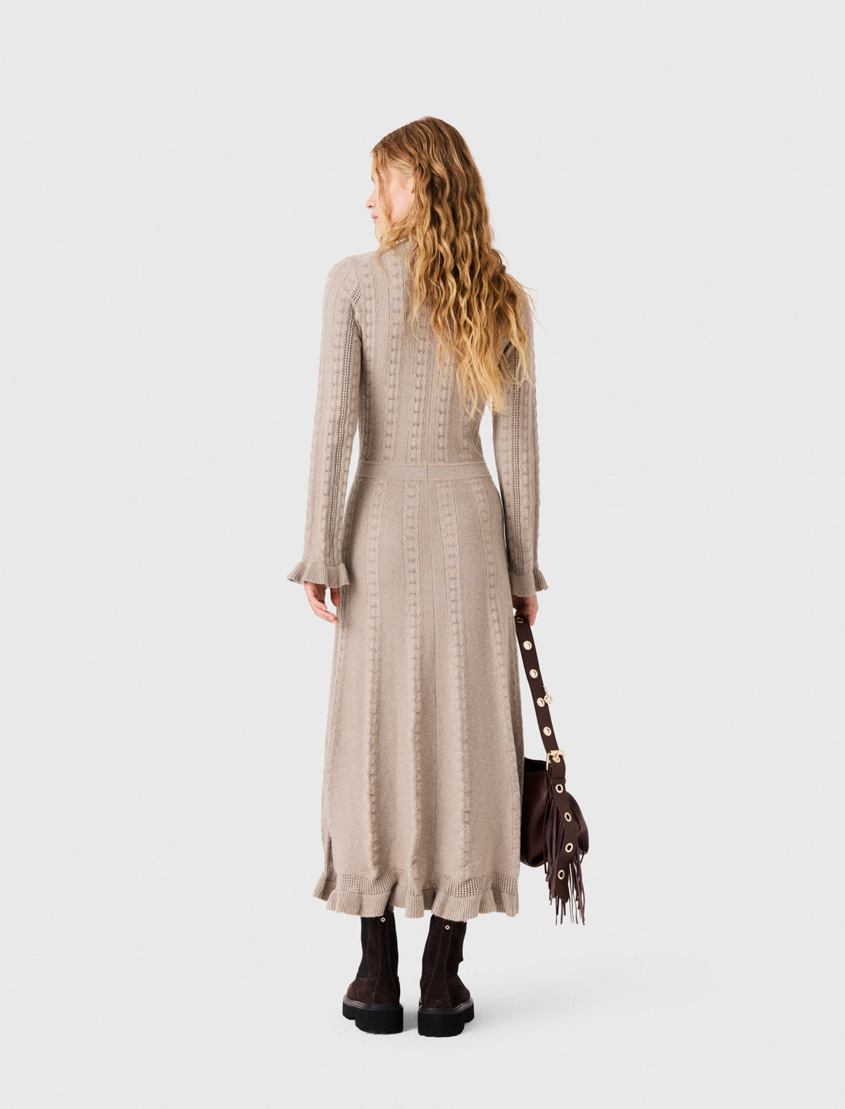 Long textured knitted dress Beige