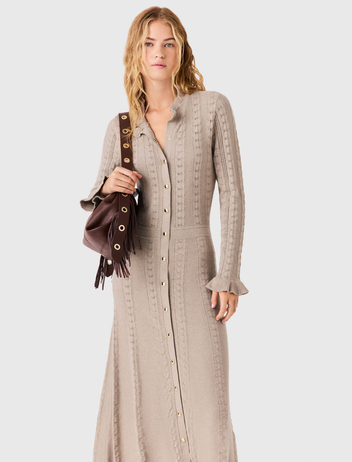 Long textured knitted dress Beige