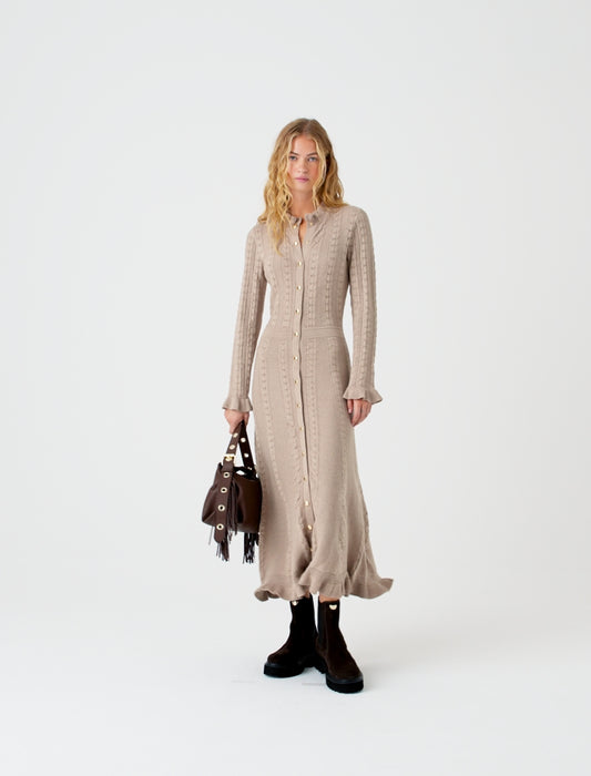 Long textured knitted dress Beige