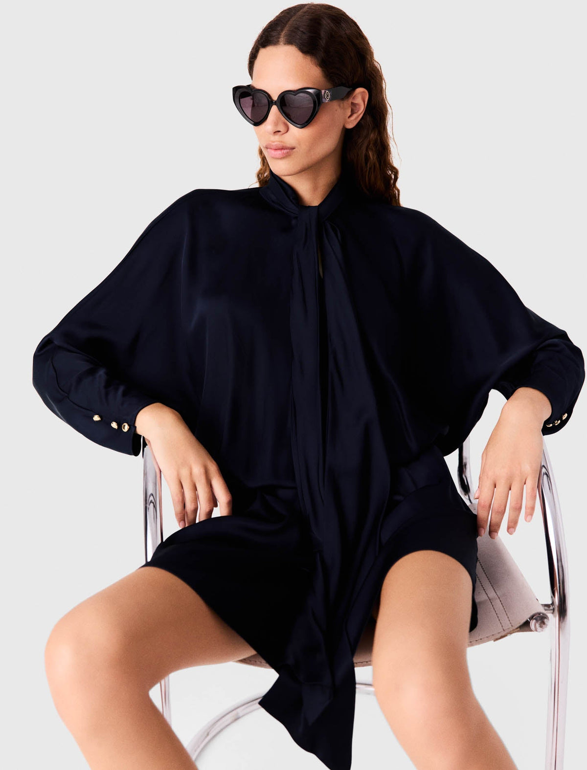 Short Draped Satin Dress Navy
