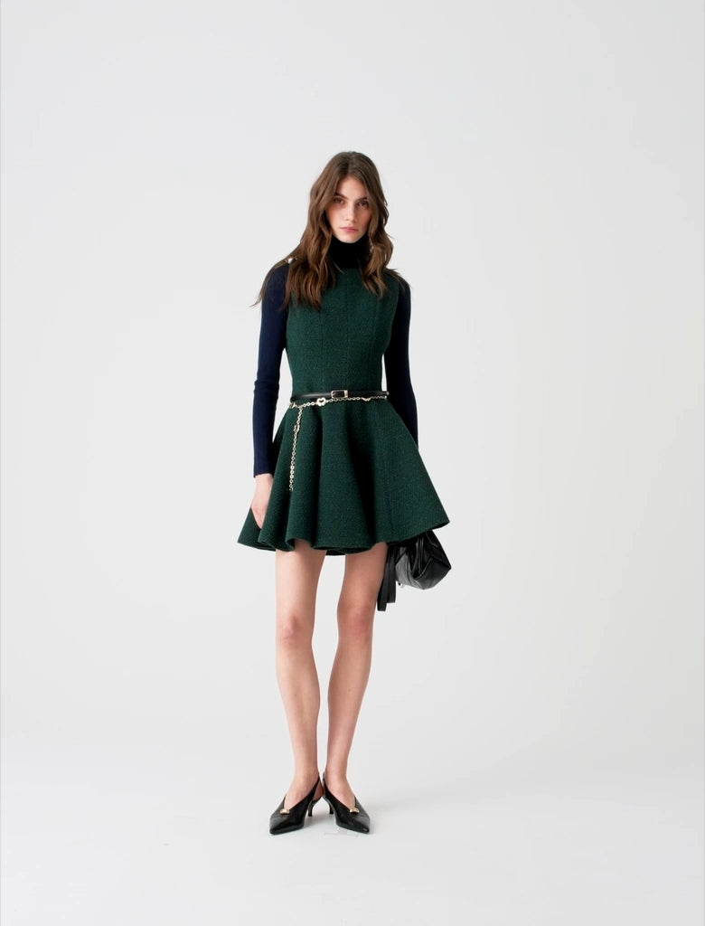 Short sleeveless tweed dress Bottle Green
