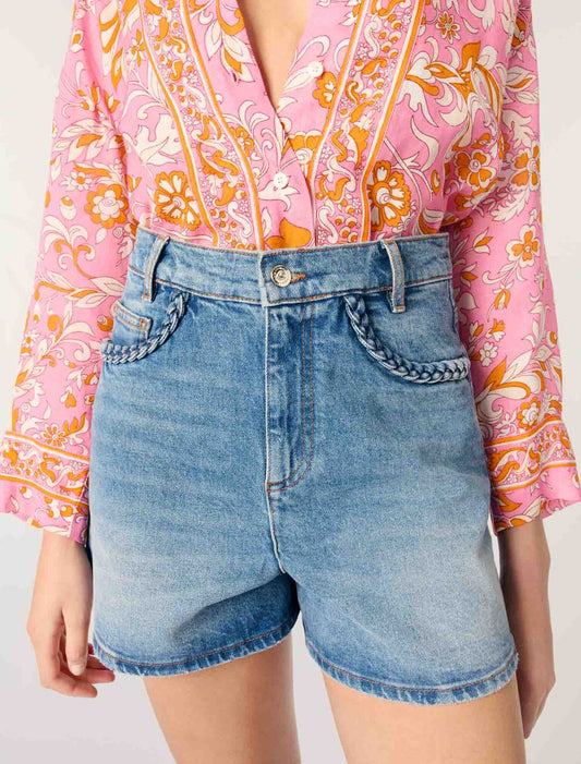 Blue-Denim shorts with braided trim