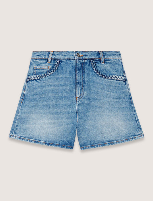 Blue-Denim shorts with braided trim