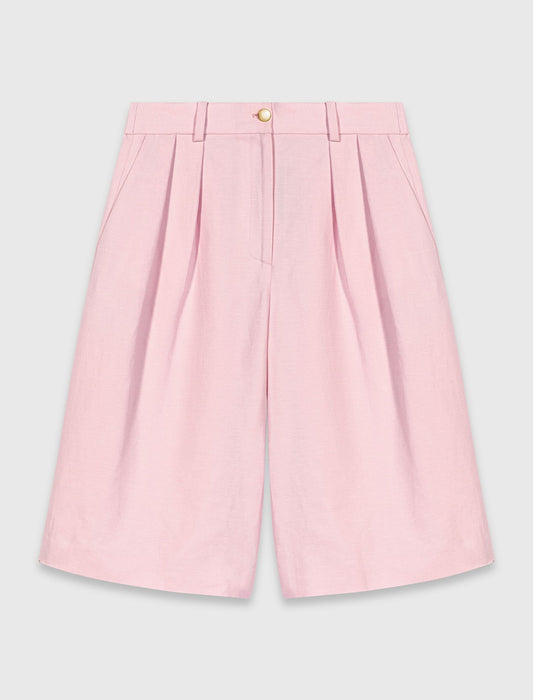 Pleated linen blend Bermuda shorts Pink