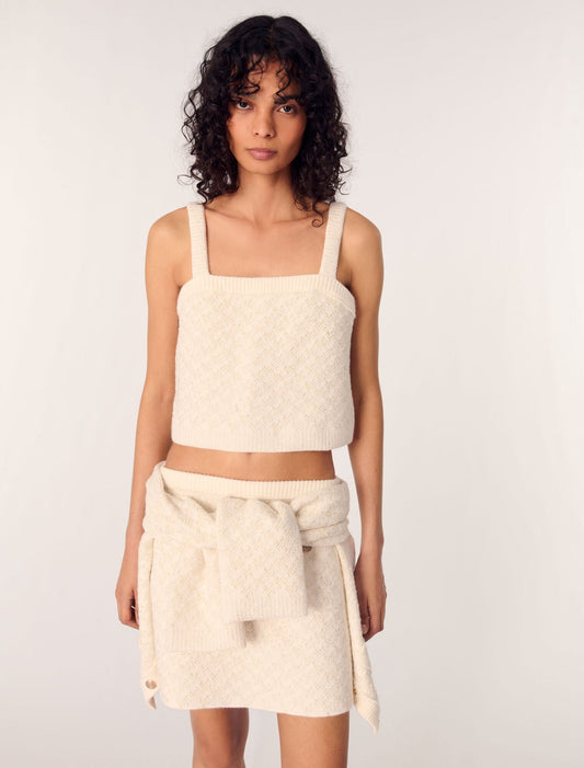 Ecru-Tweed-effect knit crop top