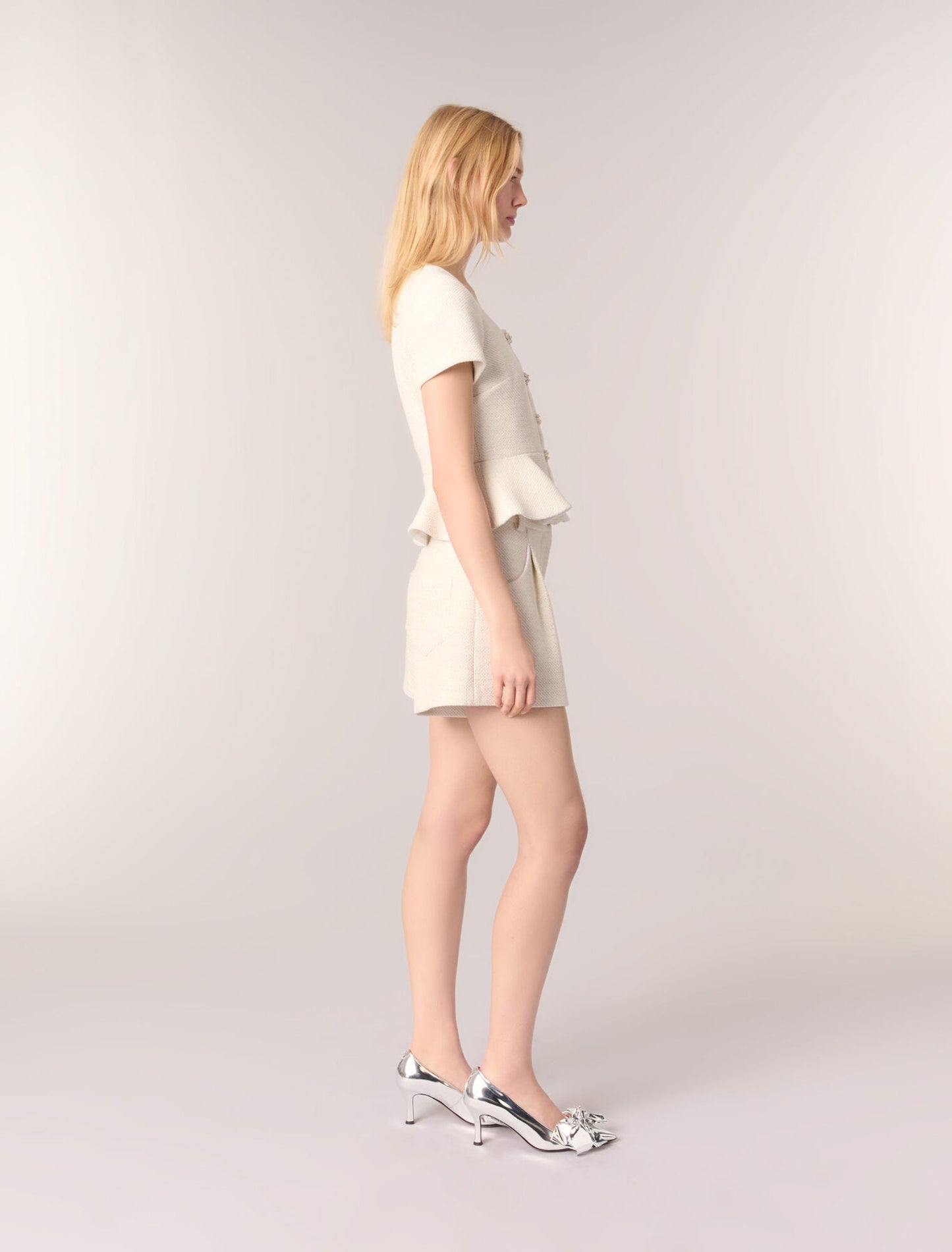 Ecru-Tweed and lurex peplum top