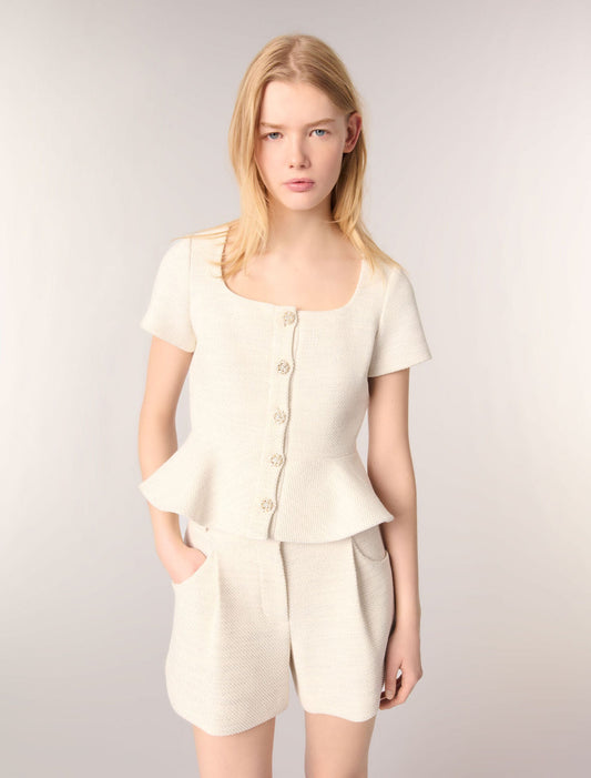 Ecru-Tweed and lurex peplum top