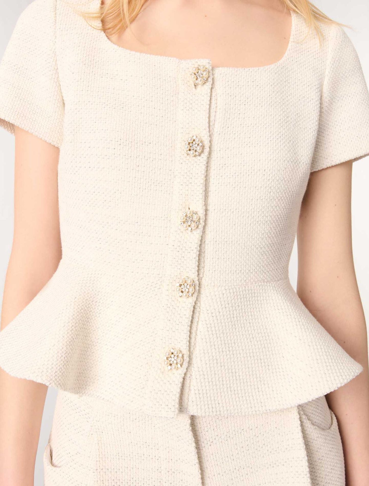 Ecru-Tweed and lurex peplum top