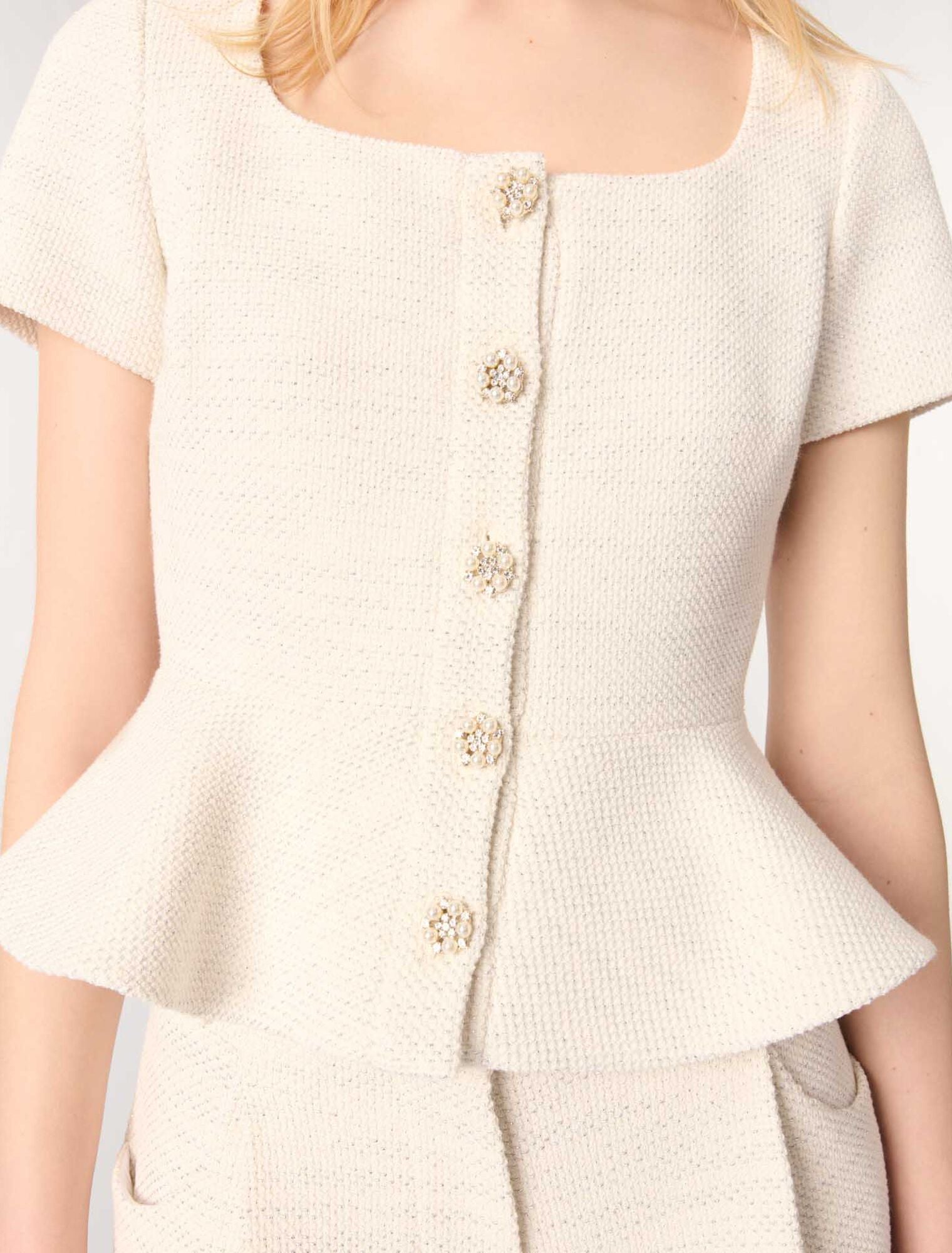 Ecru-Tweed and lurex peplum top