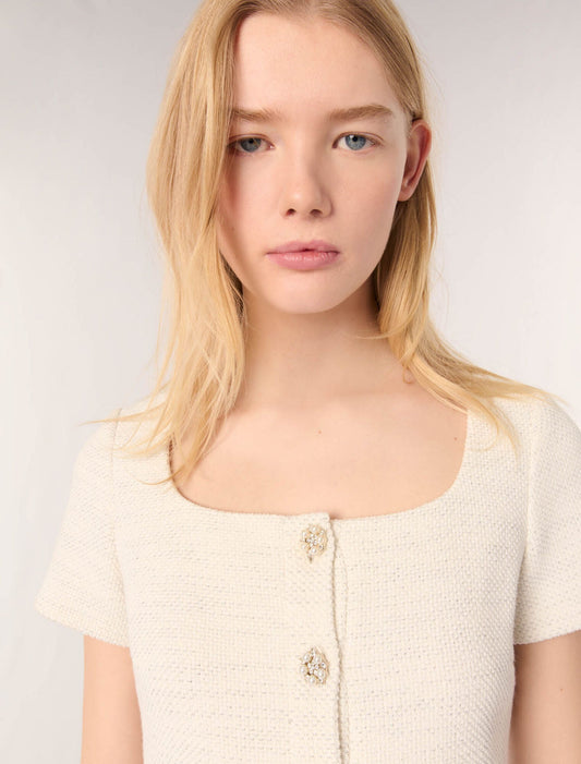 Ecru-Tweed and lurex peplum top