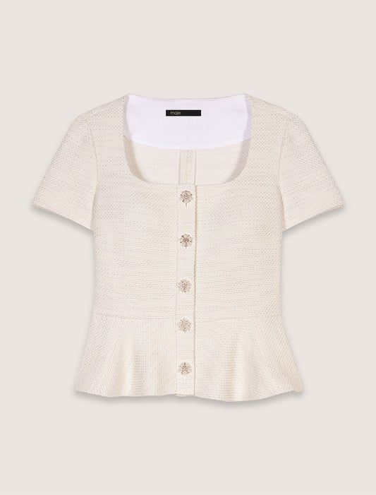 Ecru-Tweed and lurex peplum top
