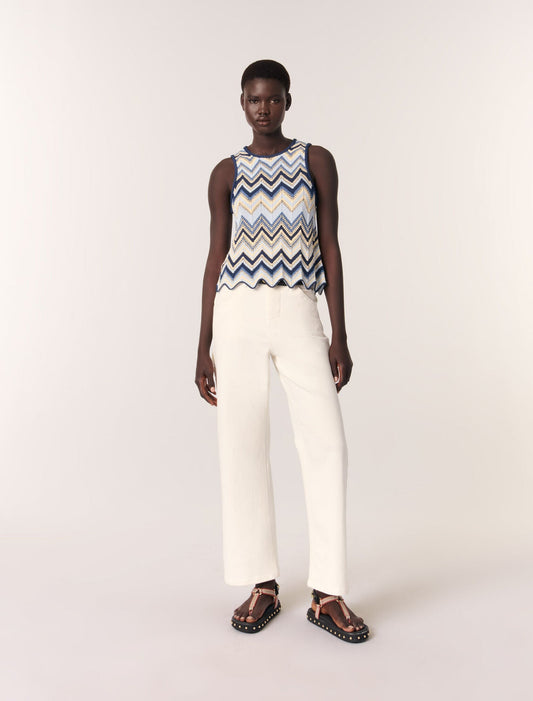 Blue/White-featured-Crochet-knit top