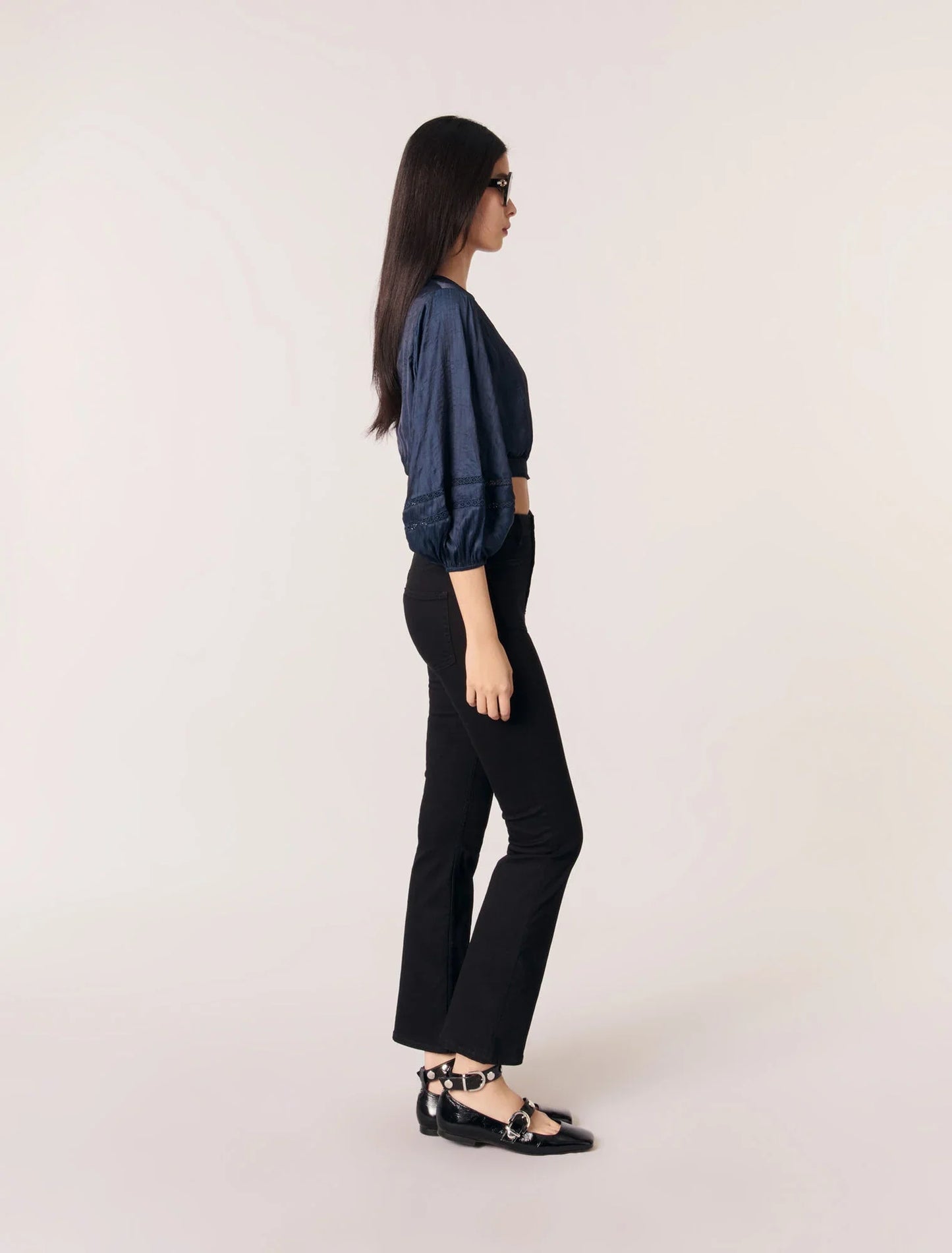 Navy-Satin-Look Short Top