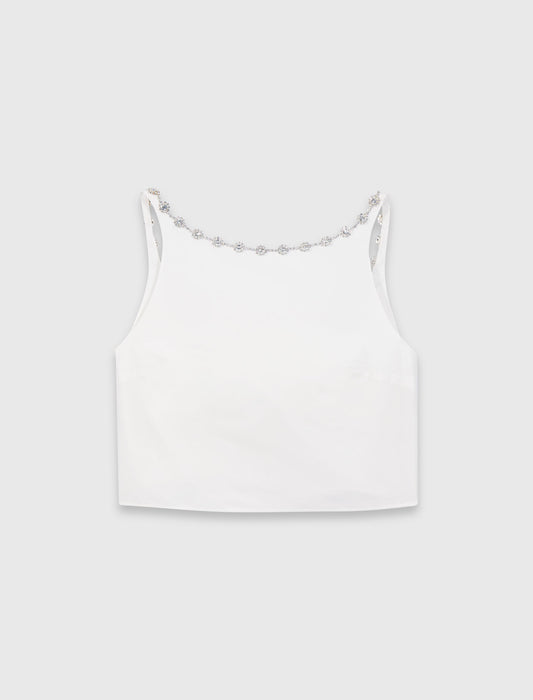 Jewelled Collar Taffeta Crop Top White
