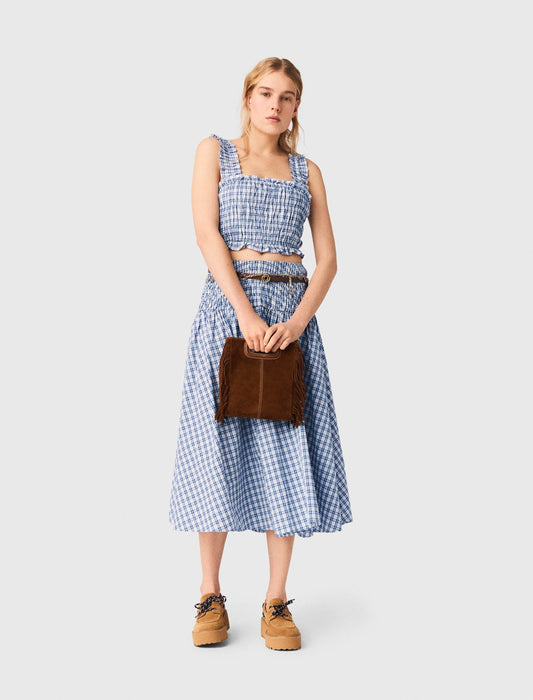 Smocked Rhinestone Cotton Top Blue Check Print