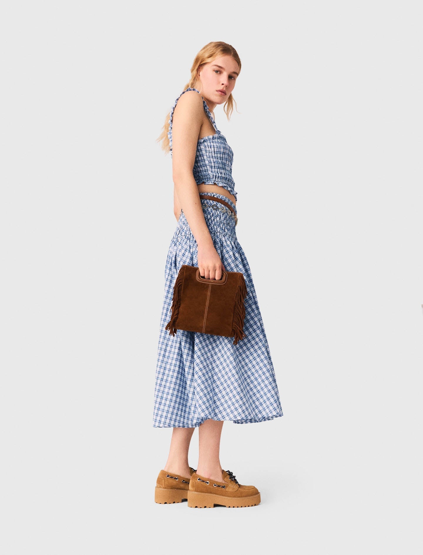 Smocked Rhinestone Cotton Top Blue Check Print BLUE CHECK PRINT