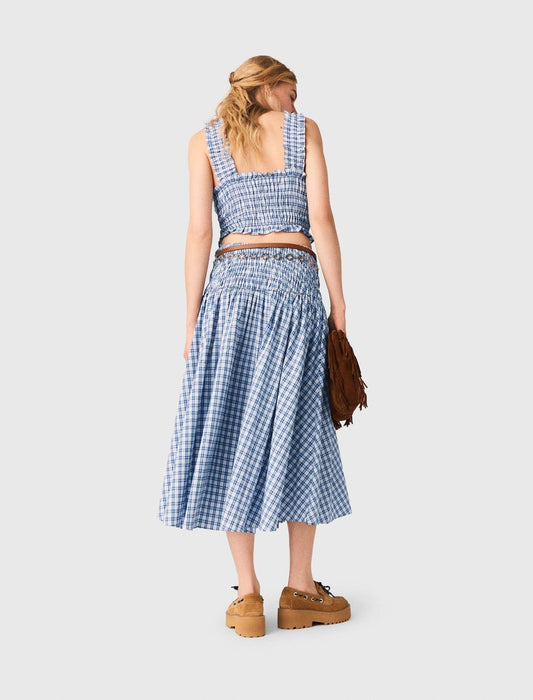 Smocked Rhinestone Cotton Top Blue Check Print