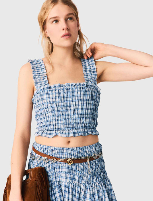 Smocked Rhinestone Cotton Top Blue Check Print