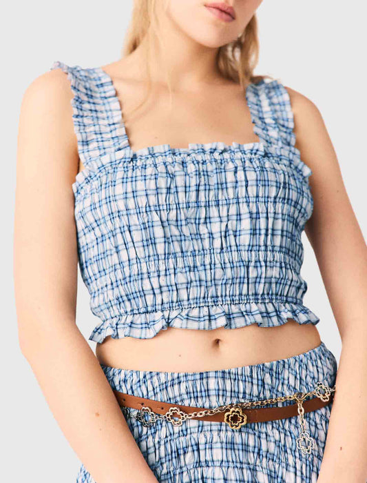 Smocked Rhinestone Cotton Top Blue Check Print