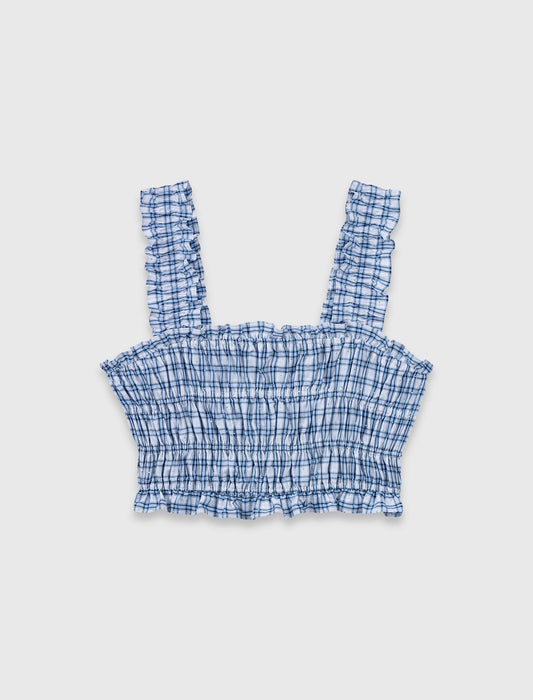 Smocked Rhinestone Cotton Top Blue Check Print