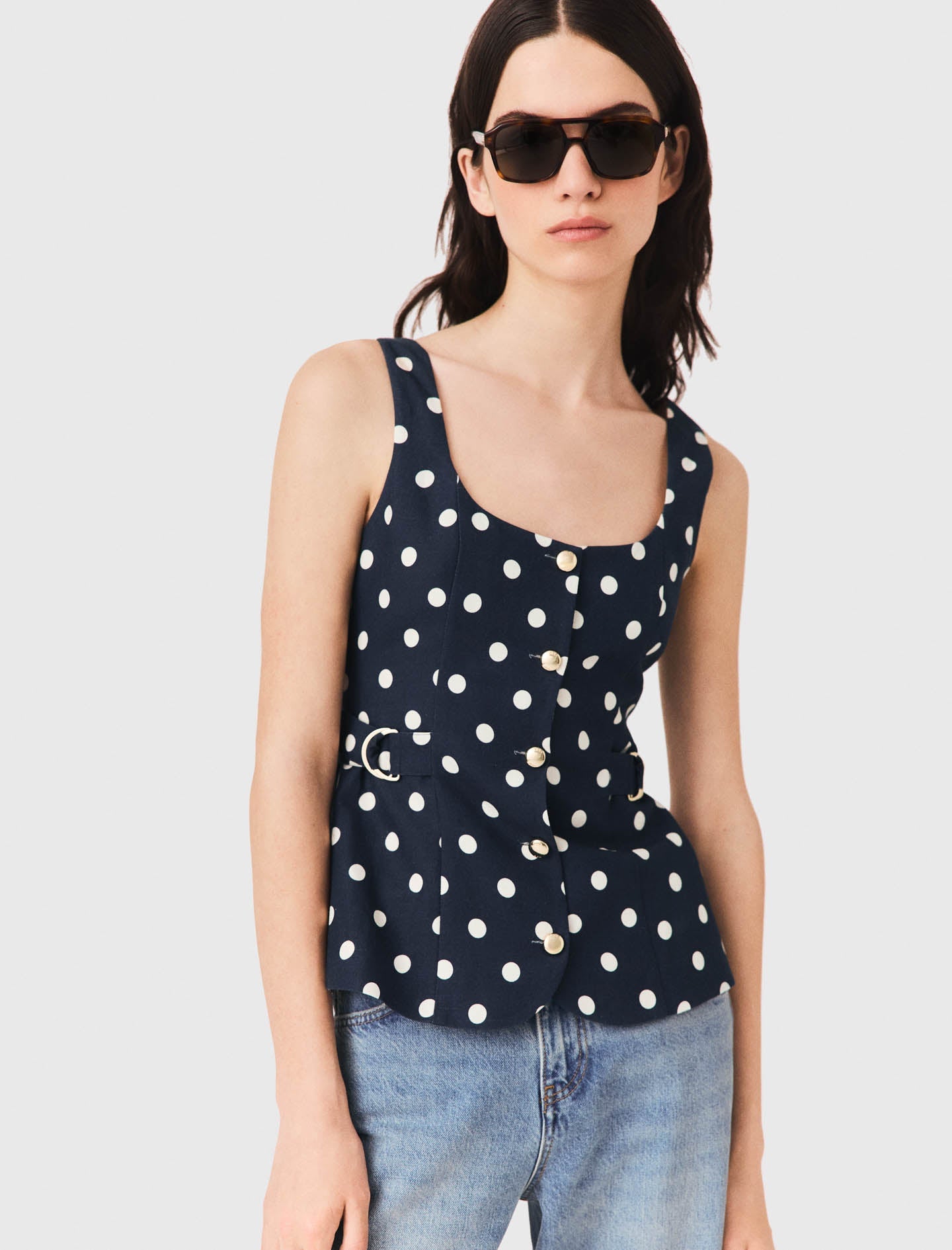 Long linen blend jacket Navy Dots Print