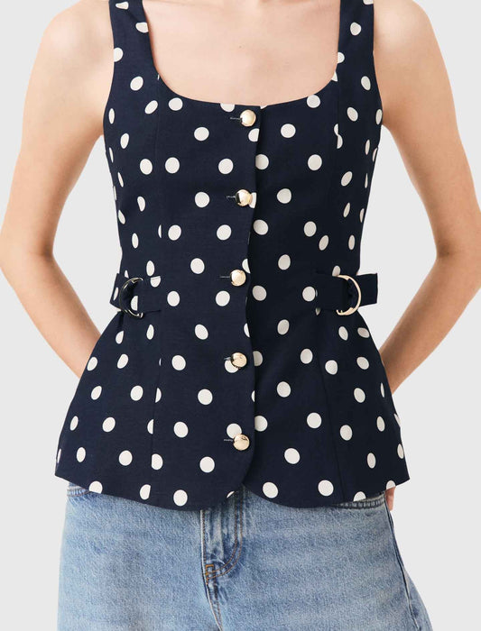 Long linen blend jacket Navy Dots Print