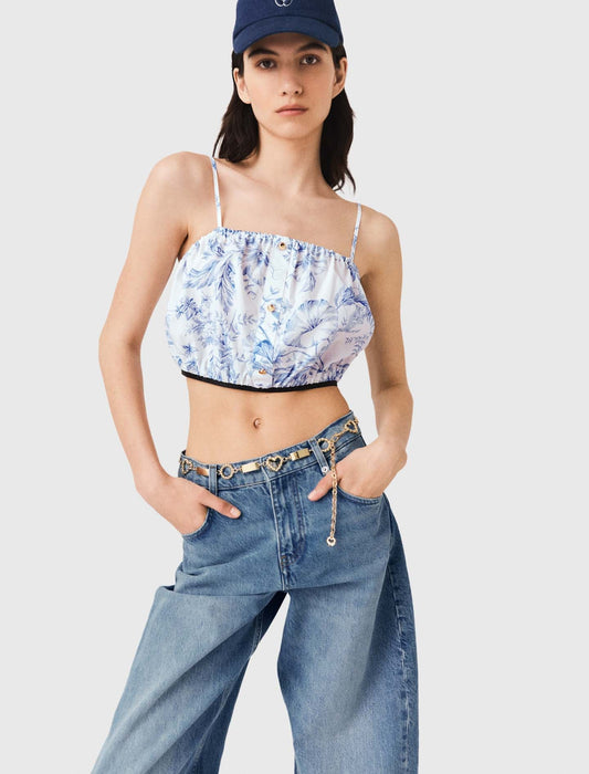 Patterned top with straps Sky Blue Large Flowers Print
