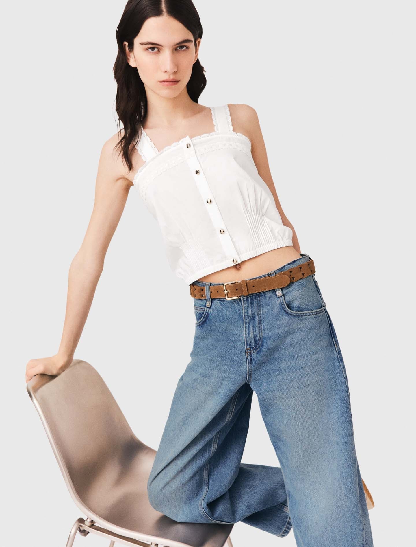 Crop top with lace trim White