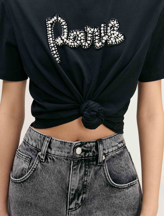 Black Pearl Embellished Patch T-shirt