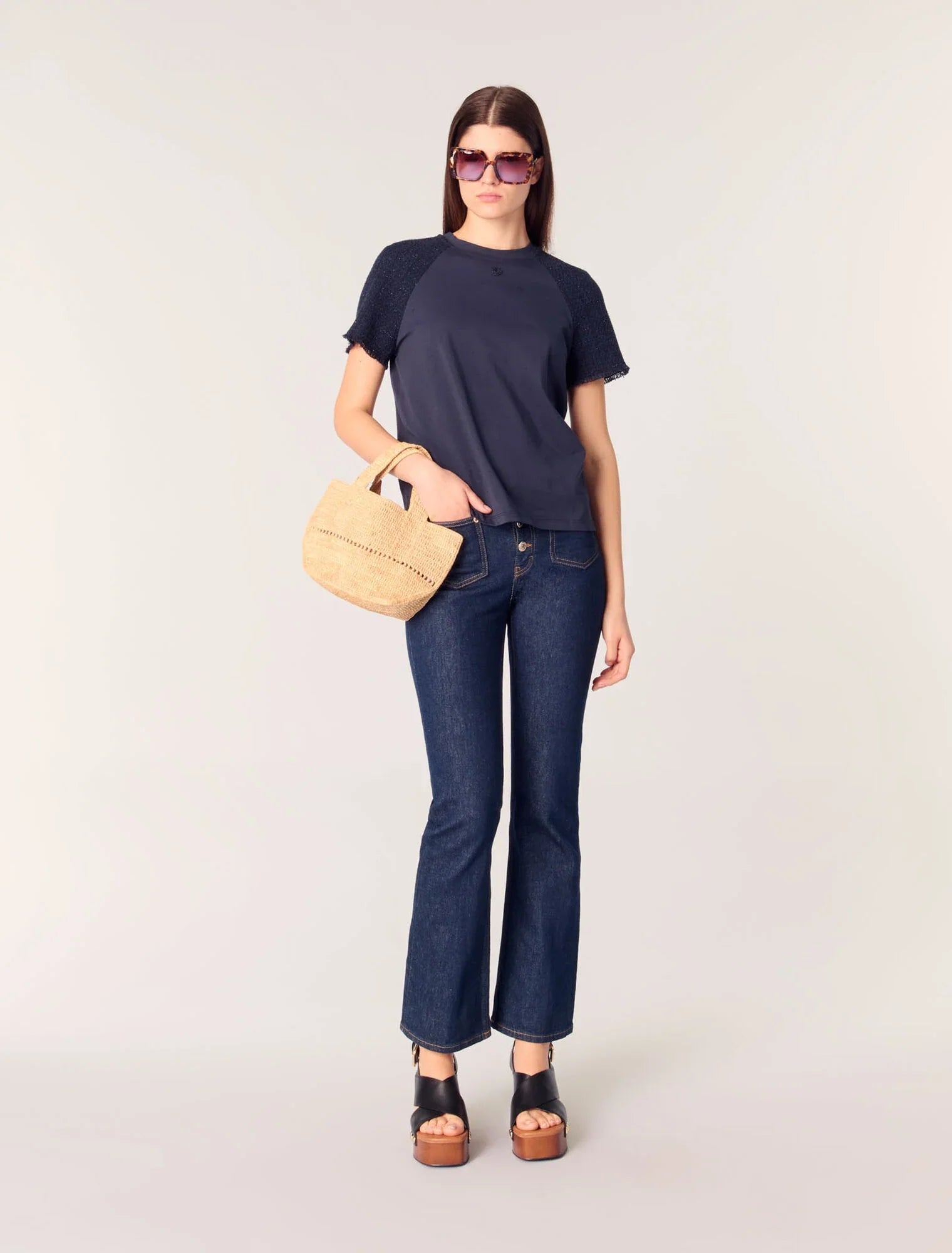 Navy-featured-Tweed-sleeved t-shirt