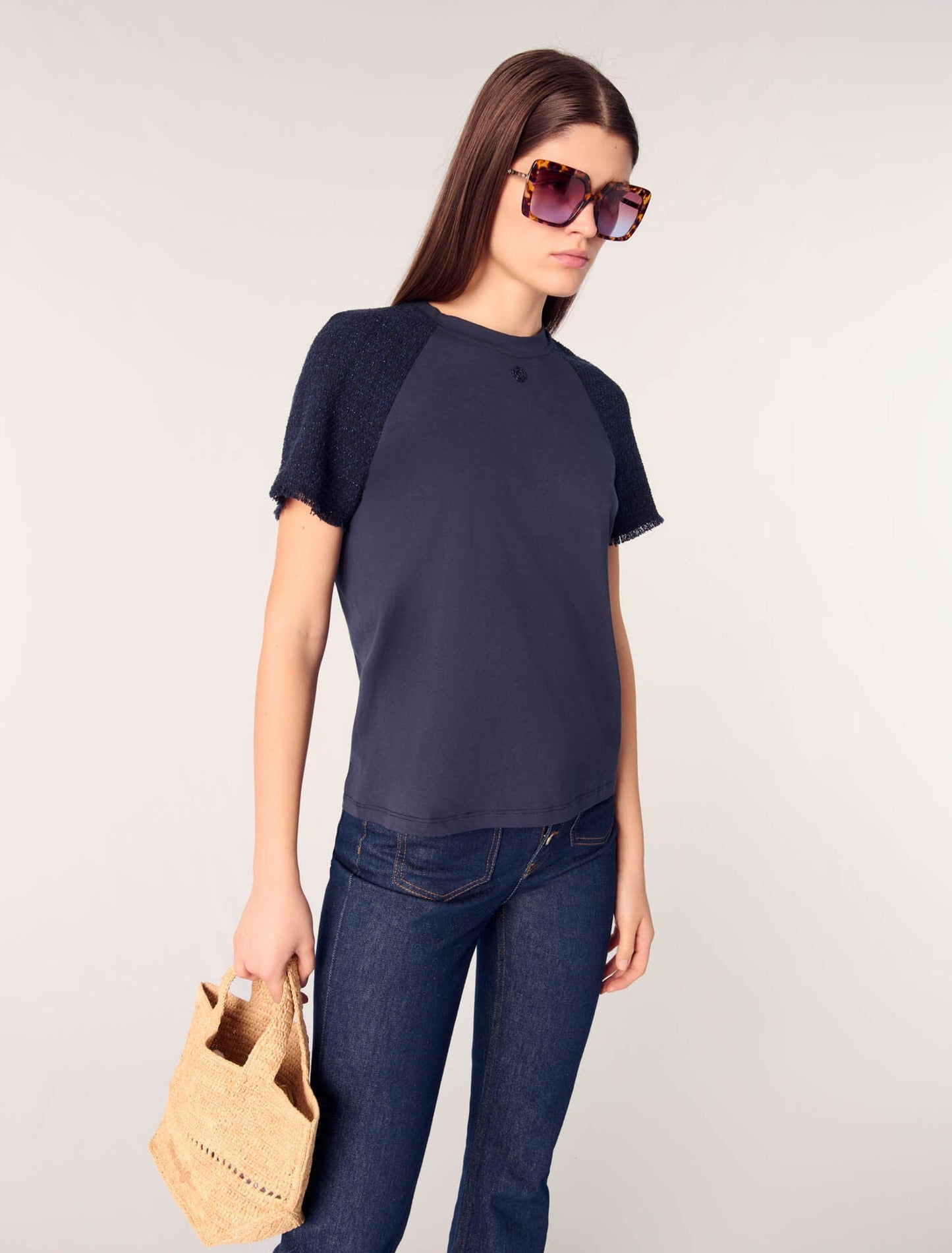 Navy-Tweed-sleeved t-shirt