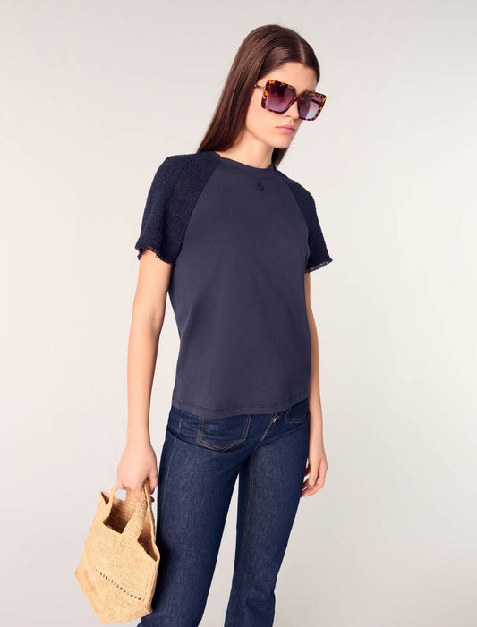 Navy-Tweed-sleeved t-shirt