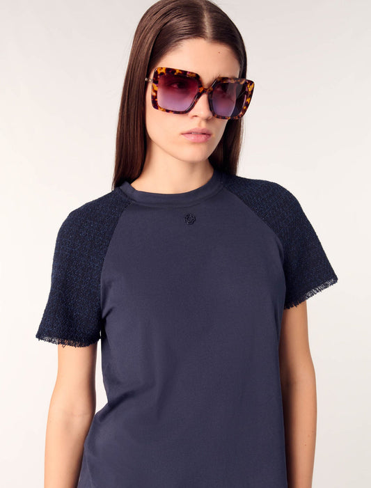 Navy-Tweed-sleeved t-shirt