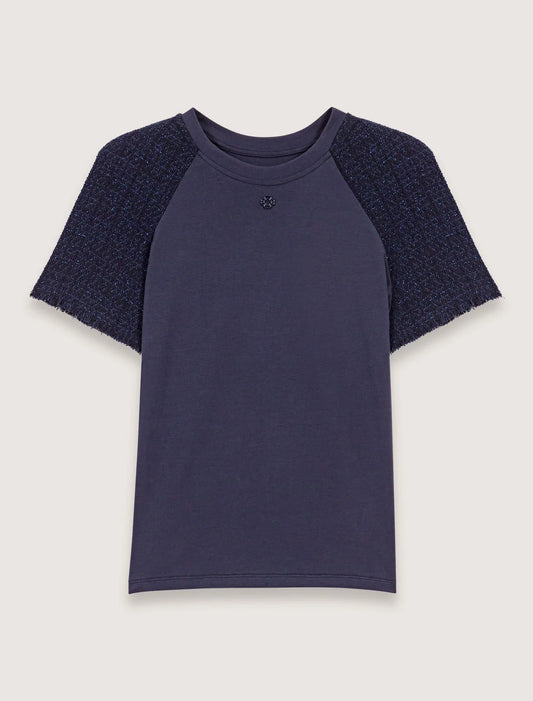Navy-Tweed-sleeved t-shirt